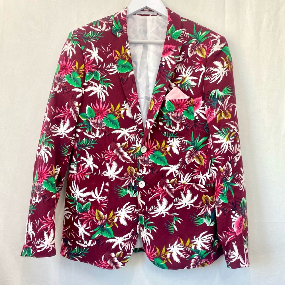 WD NY Red Pink Tropical Floral Print Cotton Blazer Sport Coat Jacket sz Small